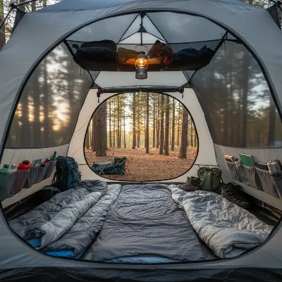 Spacious interior of the REI Co-op Base Camp 6 tent with camping gear