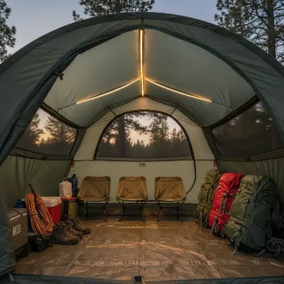 Large vestibule of REI Co-op Base Camp 6 tent with camping gear storage