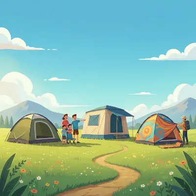A side-by-side comparison of different budget camping tent types like dome, cabin, and pop-up tents, showing their distinct shapes and sizes in an open field during daytime with clear skies. The illustration should highlight features like vertical walls for cabin tents and streamlined profiles for dome tents, with a diverse group of happy campers in the foreground.