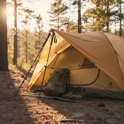 Detail shot of the Big Agnes Copper Spur tent's awning vestibule in use, with gear stored underneath, highlighting its functionality.