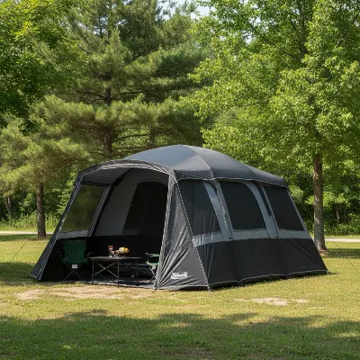 Coleman Dark Room Cabin Camping Tent set up in a sunny campsite, showcasing its dark fabric and spacious cabin design.