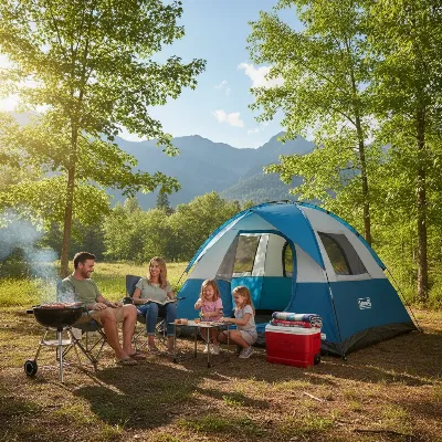 A Coleman Instant Tent set up in a sunny campground with a family enjoying the outdoors around it, highlighting ease of use and family-friendly design.