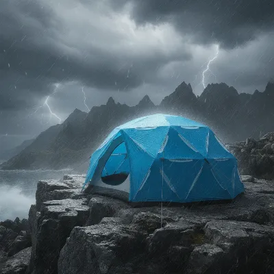 A robust dome camping tent standing firm against a stormy mountain backdrop, showcasing its wind-resistant design.