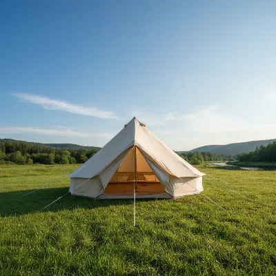 A large canvas camping tent pitched in a sunny, open field, drying completely after cleaning.