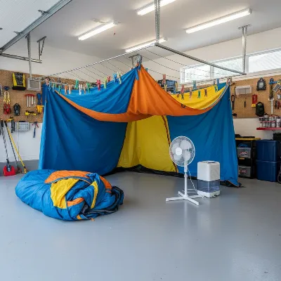 A large camping tent hanging to dry indoors in a spacious garage with a fan circulating air.