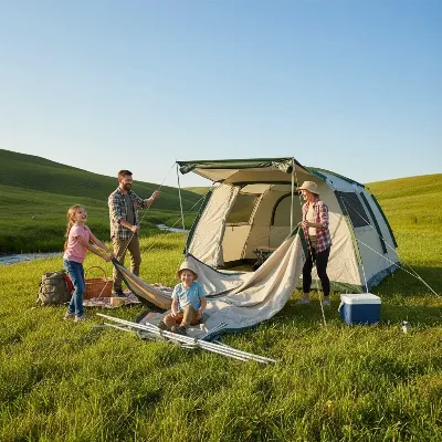 Family setting up a large, modern camping tent in a sunny meadow