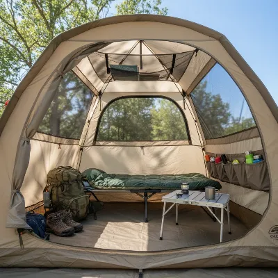 Spacious interior of a Gazelle T4 Hub Tent with standing height and organized gear.