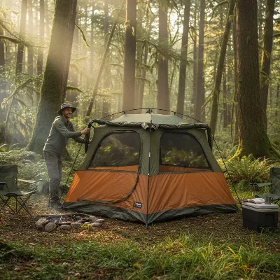 A Gazelle T4 Hub Tent popping up quickly in a serene forest campsite.