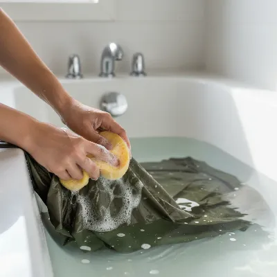 A person gently hand-washing a camping tent in a large bathtub with a soft sponge