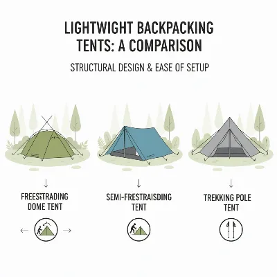 An illustrative comparison of freestanding, semi-freestanding, and trekking pole tents set up in a lush forest environment, showing their distinct structures and minimal footprints