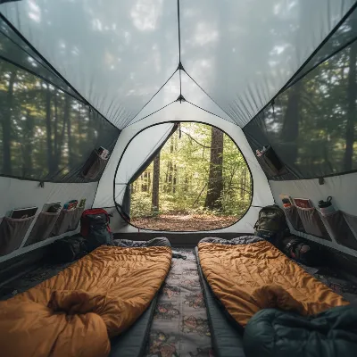 A spacious interior of the Marmot Limestone 4P tent with vertical walls, showing ample headroom and organizational pockets.
