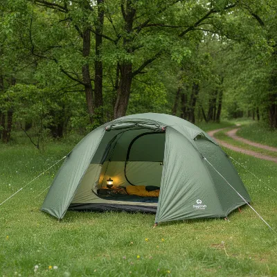 An exterior view of the Nemo Aurora Highrise camping tent fully set up in a lush green campground, demonstrating its inviting and stable design.