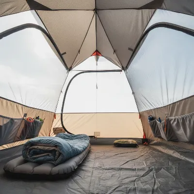 A spacious interior of the Nemo Aurora Highrise camping tent with near-vertical walls, showing standing height and organized gear pockets.