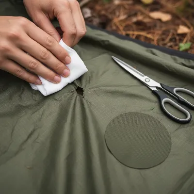 Preparing a nylon tent for patching with cleaning supplies and a rounded patch