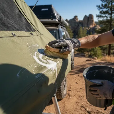 A person cleaning the fabric of an open rooftop tent with a soft brush and mild soap, emphasizing proper maintenance.