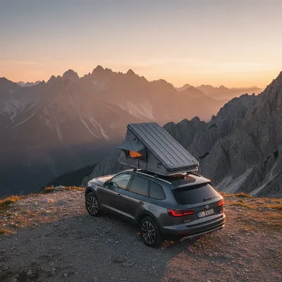 A sleek grey SUV with a pop-up hard shell rooftop tent set up in a scenic mountain landscape during sunset, casting warm light.