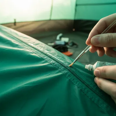 A person applying liquid seam sealer to the interior seams of a vibrant green camping tent, illustrating precise application.