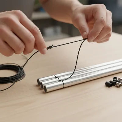 A close-up of hands replacing a tent pole's elastic shock cord during a DIY repair.