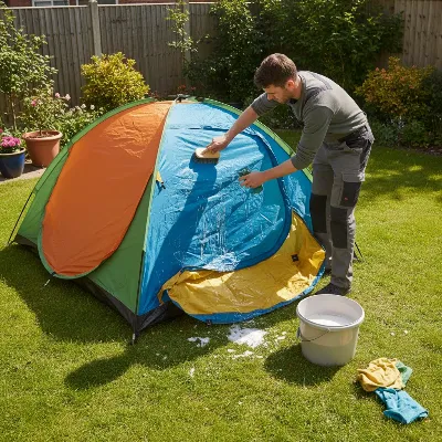 A person cleaning a camping tent with a soft brush and sponge in a sunny backyard, with the tent partially set up. The image should convey a sense of care and responsible gear maintenance, highlighting the importance of cleaning and proper storage for longevity.