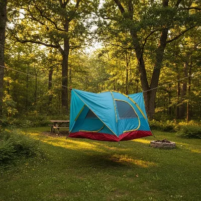 A camping tent hanging to air dry completely in a shaded, well-ventilated outdoor area
