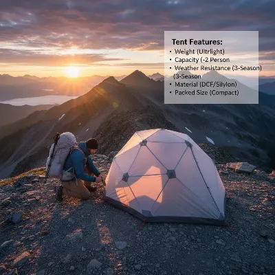 A backpacker standing next to a lightweight tent at dawn, with a checklist overlay highlighting key features like weight, capacity, and materials