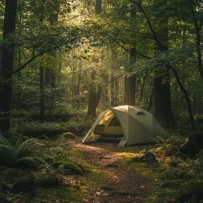 A vibrant green camping tent pitched snugly under the dappled shade of tall trees in a lush forest, with soft sunlight filtering through the canopy.