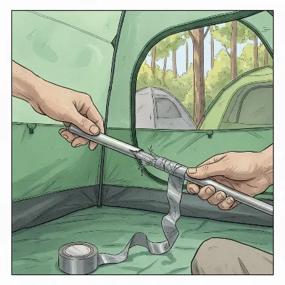 An illustration of a broken tent pole being repaired in the field with a repair sleeve and duct tape.