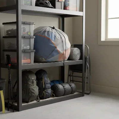 A camping tent loosely folded and placed in a large, breathable mesh bag on a shelf in a clean, organized garage storage area.