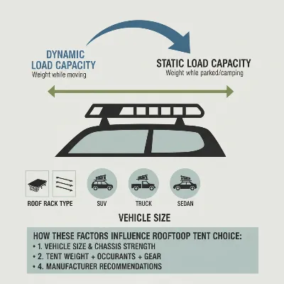 An infographic illustrating vehicle compatibility factors for a rooftop tent, including roof rack type, load capacity, and vehicle size.