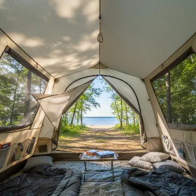 Interior of a well-ventilated family camping tent with mesh windows
